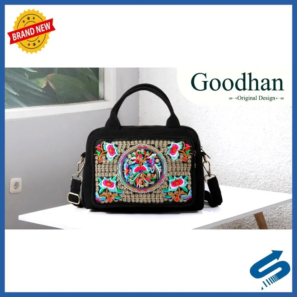 Embroidered Canvas Crossbody Bag Top Handle Chic Boho Casual Multiple Pockets